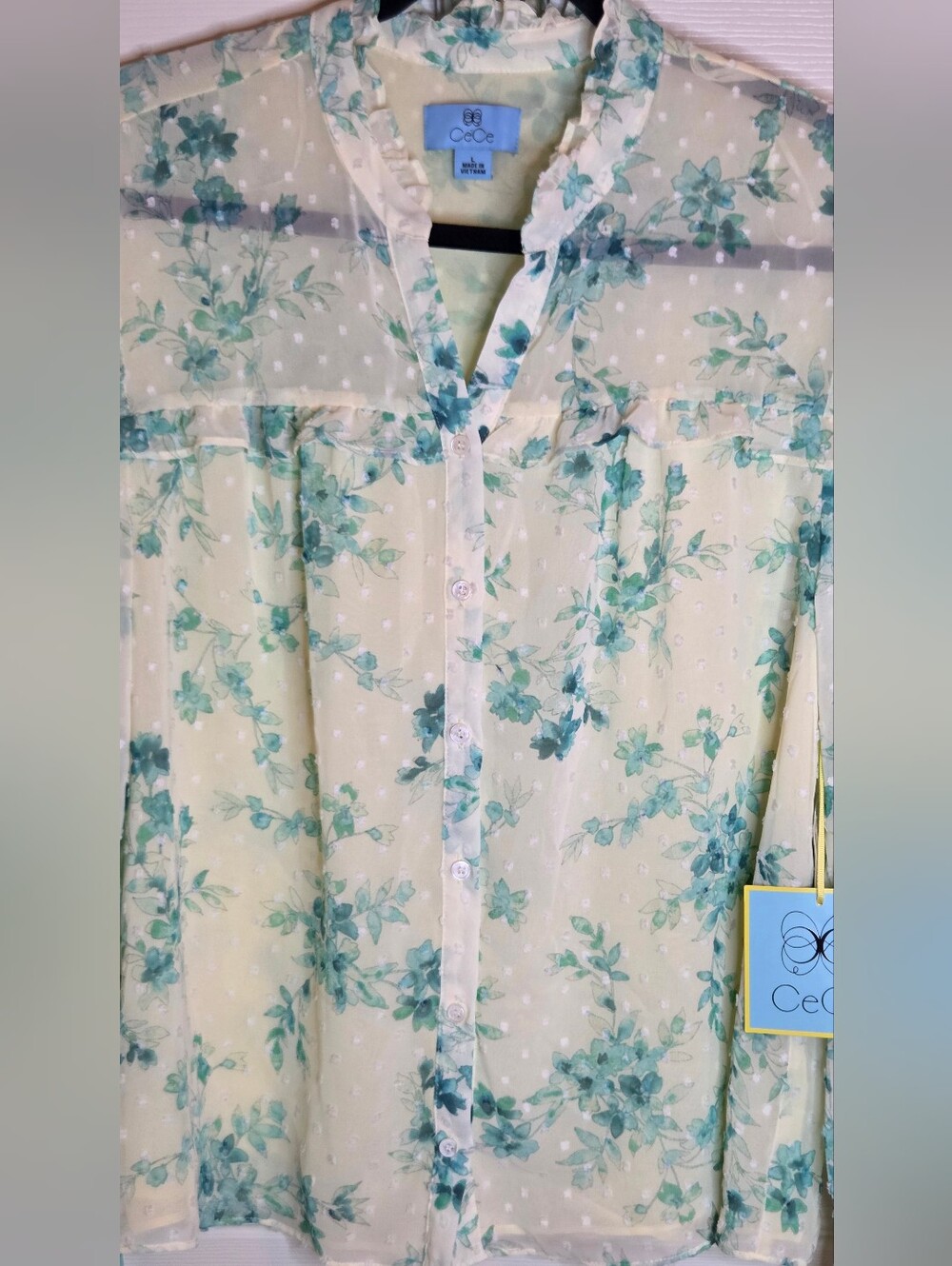 NWT CeCe L Swiss Dot Floral Ruffle Yellow Teal Blouse Shirt Romantic Lined Lslv - Picture 11 of 11